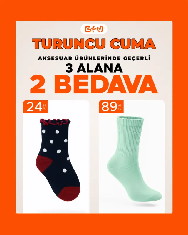 Turuncu Cuma BTM’de!
Aksesuar ürünlerinde 3 alana 2 bedava fırsatı başladı.
Online satışımız yoktur.
📍 En yakın mağazayı bul:
https://btmmoda.com/magazalarimiz
