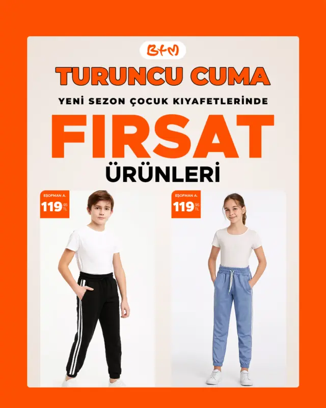 🎉 Turuncu Cuma BTM’de başladı!
Yeni sezon çocuk giyim fırsat ürünlerinde özel indirimler mağazalarımızda sizi bekliyor👧🧒🧡
📍 Mağazalar: https://www.btmmoda.com/btm-magazalarimiz/
Online satış yoktur.