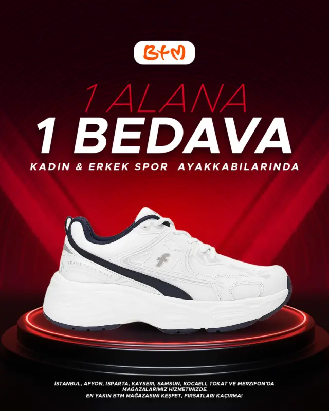 BTM’de Spor Ayakkabı Çılgınlığı Başladı! 👟🔥
Kadın ve erkek tüm spor ayakkabılarda 1 Alana 1 Bedava fırsatı başladı!
📍 BTM mağazalarında geçerlidir.
🔗 Mağaza konumlarımız: https://www.btmmoda.com/btm-magazalarimiz/
🛑 Online satışımız yoktur.