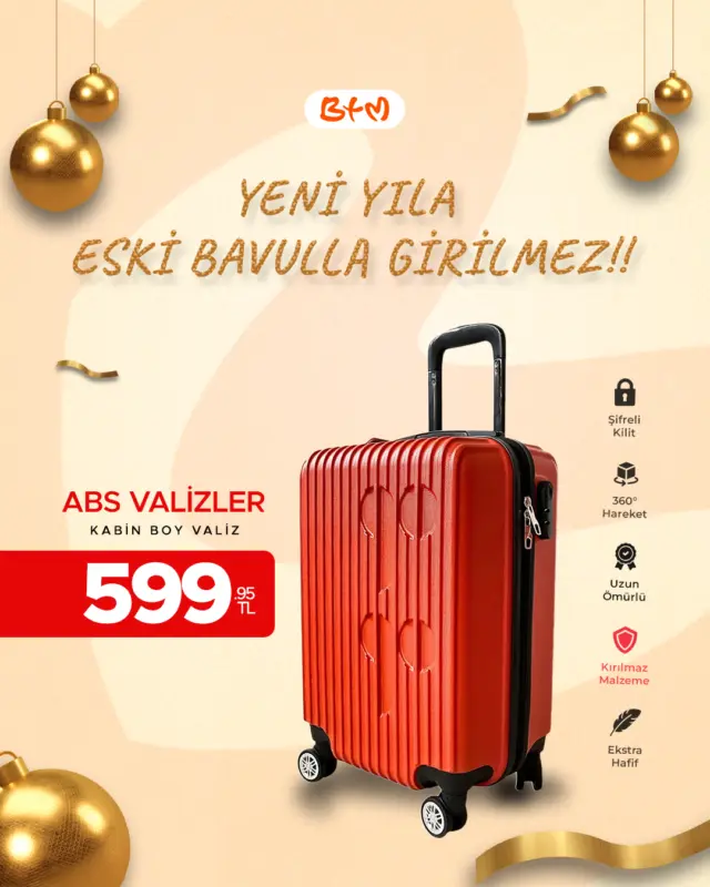 YENİ YILA ESKİ BAVULLA GİDİLMEZ🧳✨
Valizlerini yenilemenin tam zamanı.
Yılbaşı tatiline çıkmadan önce
kabin, orta ve büyük boy valiz seçenekleri BTM’de seni bekliyor. 
Sadece mağazalarımızda geçerlidir.
İnternet satışımız yoktur.
Mağaza konumlarımız:
https://www.btmmoda.com/btm-magazalarimiz/