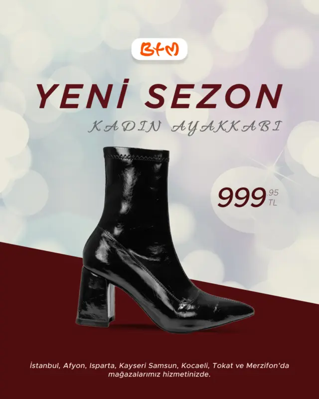 ✨ Yeni sezon şıklığı BTM’de! ✨
Zamansız tasarımı ve gün boyu konforu bir araya getiren BTM yeni sezon kadın ayakkabı, stiline güçlü bir dokunuş katıyor 👢🖤

Her kombine uyum sağlayan bu modelle adımların daha iddialı, tarzın daha net!
Yeni sezonun favorisini yakından görmek için seni BTM mağazalarına bekliyoruz.

📍 Sana en yakın BTM mağazasını keşfet: https://www.btm.com/btm-magazalarimiz
