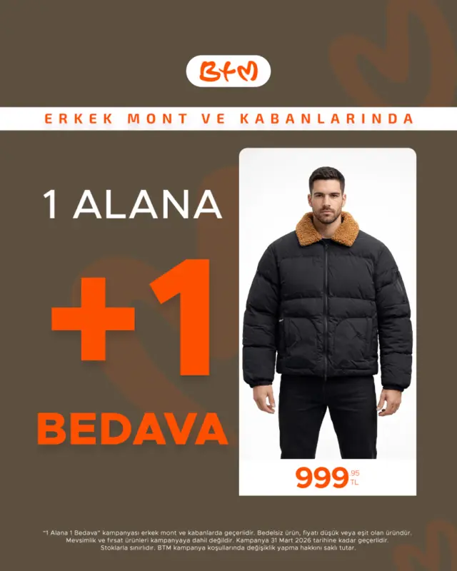 🧥BTM ERKEK MONT VE KABANLARINDA
1 ALANA 1 BEDAVA! 🔥

Bu fırsat kaçmaz!
Beğendiğini seç, ikinci ürünü hediye al! 

📍 Sana en yakın BTM mağazasını keşfet: https://www.btm.com/btm-magazalarimiz