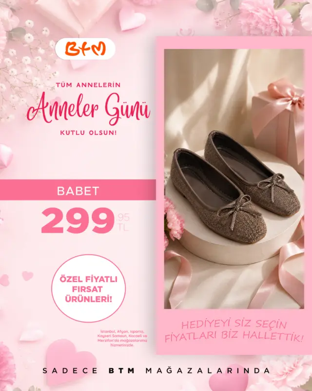 Anneler Günü’nü güzelleştiren detaylar BTM’de seni bekliyor 💗
Şıklığı ve rahatlığı bir araya getiren sandalet modelleri şimdi özel fiyatlarla mağazalarımızda!

Sana en yakın mağazayı keşfet 
👉 https://www.btmmoda.com/btm-magazalarimiz/