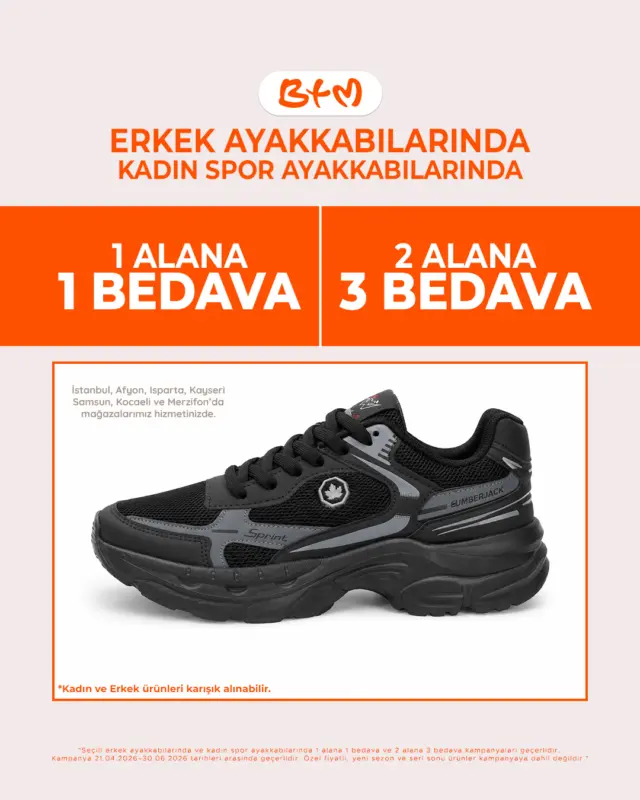 ALDIKÇA KAZAN!
BTM mağazalarında seçili erkek ayakkabıları ve kadın spor ayakkabılarında
1 ALANA 1 BEDAVA & 2 ALANA 3 BEDAVA fırsatı seni bekliyor! 🧡

Şimdi alışveriş zamanı, kaçırma!

📍 Sana en yakın BTM mağazasını keşfet:
https://www.btm.com/btm-magazalarimiz