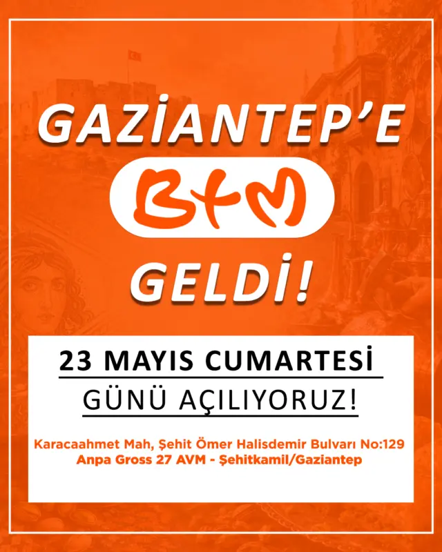 Gaziantep, hazır mısın?

BTM artık Gaziantep’te!
Türkiye’nin hesaplı alışveriş adresi BTM, 23 Mayıs Cumartesi günü ANPA Gross 27 AVM’de kapılarını açıyor.

Açılışa özel avantajlı fiyatlar, binlerce ürün ve kaçırılmayacak fırsatlar seni bekliyor.

Yeni mağazamıza tüm Gaziantep halkını bekliyoruz.

📍 Karacaahmet Mah. Şehit Ömer Halisdemir Bulvarı No:129
ANPA Gross 27 AVM - Şehitkamil / Gaziantep