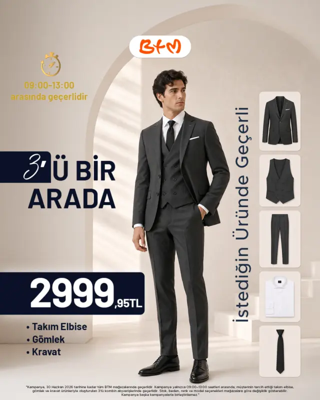 BTM’de şıklığı yakalamanın tam zamanı!
Takım elbise, gömlek ve kravatla oluşturulan 3’lü kombin 2999,95 TL.

Kampanya 30 Haziran 2026’ya kadar, yalnızca 09:00–13:00 saatleri arasında tüm BTM mağazalarında geçerlidir.

Sana en yakın BTM mağazasını keşfet 👉
btmmoda.com/btm-magazalarimiz/